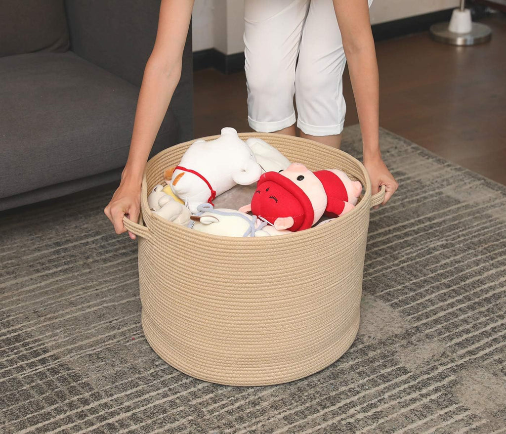16x18 Inch Extra Large Round Cotton Rope Storage Basket with Lid, Decorative Woven Bin with Cover Bedroom Closet