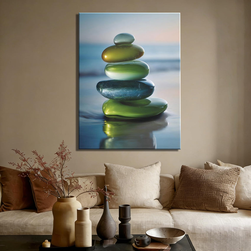 Framed Stacked Glossy Beach Stone Canvas Art, Soft Ocean Background Canvas Prints Pictures, relaxing wall decor