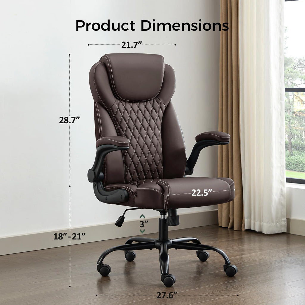 Executive PU Leather Chair, Ergonomic Computer Desk Chair with Lumbar Support and Adjustable Flip-Up Arms, Rocking