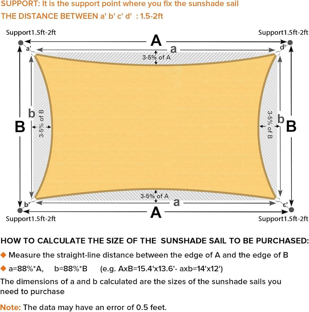 Sun Shade Sail, 16'X20' Sand Rectangular, Curved Edged Commercial Grade 185GSM Permeable Outdoor Shade Cloth for