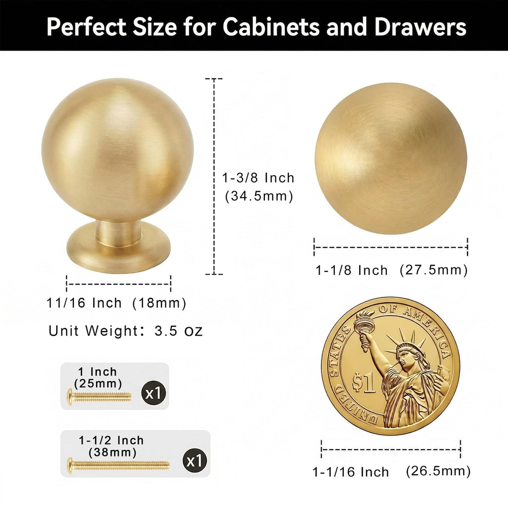 Solid Brass Cabinet Knobs, Gold Drawer Dresser Knobs,1.1"