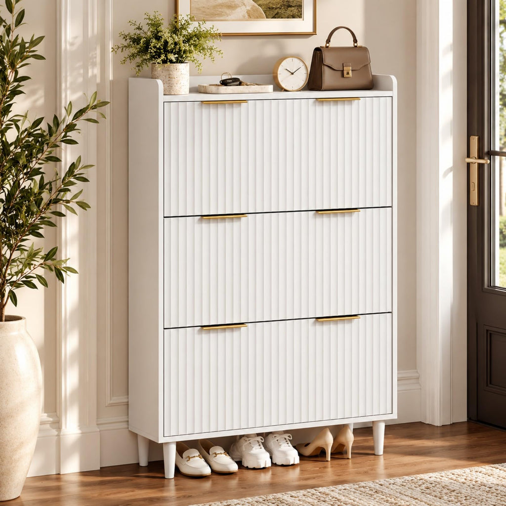 White Fluted Shoe Storage Cabinet with 3 Flip Drawers, Narrow Shoe Organizer with Fluted Panel, Modern Freestanding