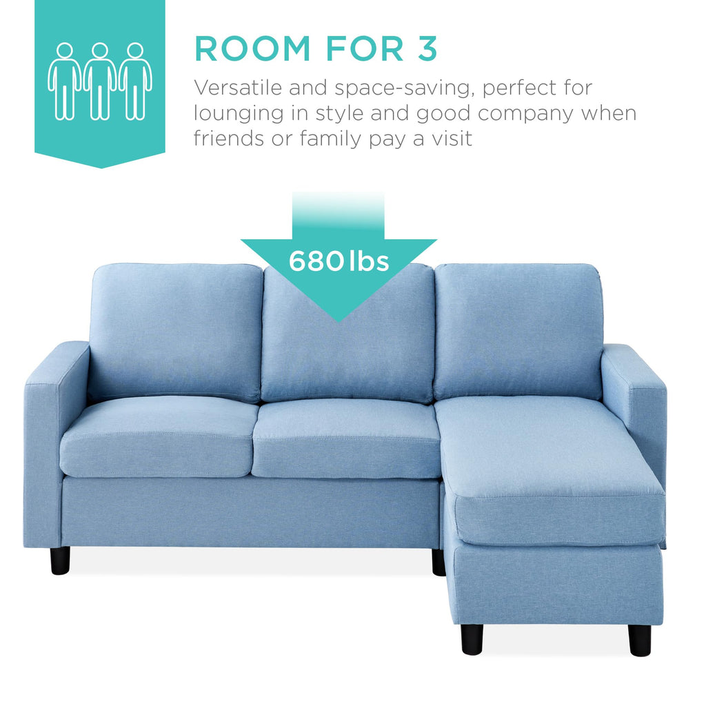 Upholstered Sectional Sofa, Bonus Room, Compact Spaces w/Chaise Lounge, 3-Seat, L-Shape Design, Reversible Ottoman