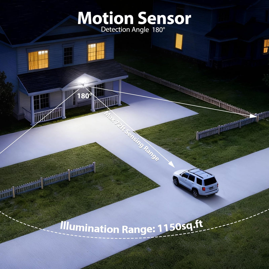 70W Security Lights Outdoor, 4-Head LED Motion Sensor Light, Hardwired Dusk to Dawn Flood Light, 6500K