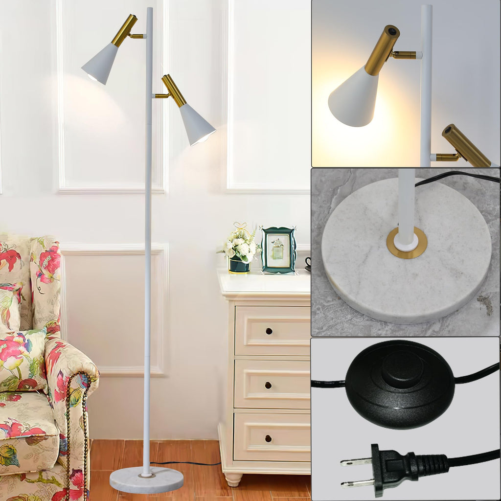 Elegant Modern Floor Lamp with 2 Adjustable Head, White and Gold Stand up Lamps with Marble Base, Tall Pole