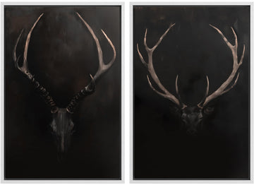 Framed Canvas Print Wall Art Rustic Antler Skull Dark Dramatic Black Vintage-Inspired Deer and Elk Antlers