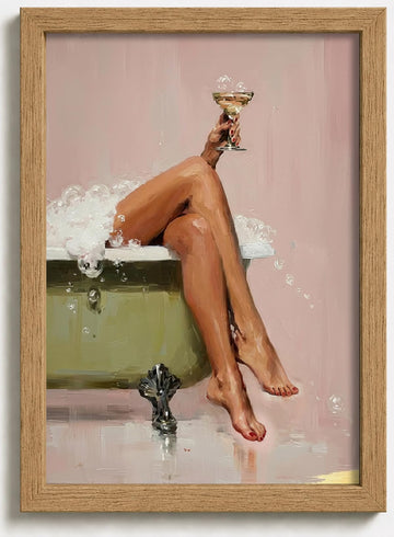 Framed Glam Pink Bubble Bath Canvas Wall Art Vintage Tub Martini Poster Print Elegant Woman Bathroom Wall Decor
