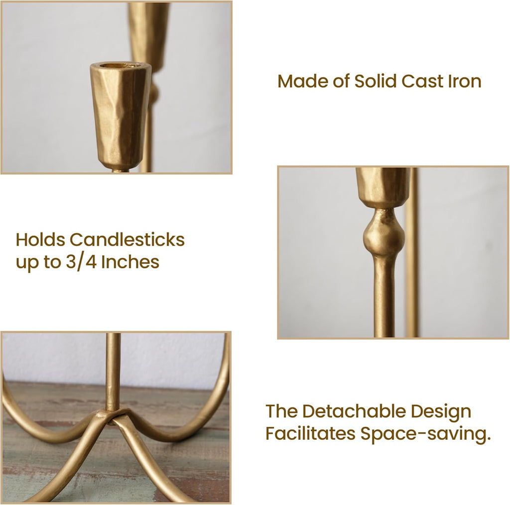 Large Iron Candelabra Centerpieces for Tables, 17.7'' Tall Taper Candle Holders, Vintage Brass Gold Candlestick