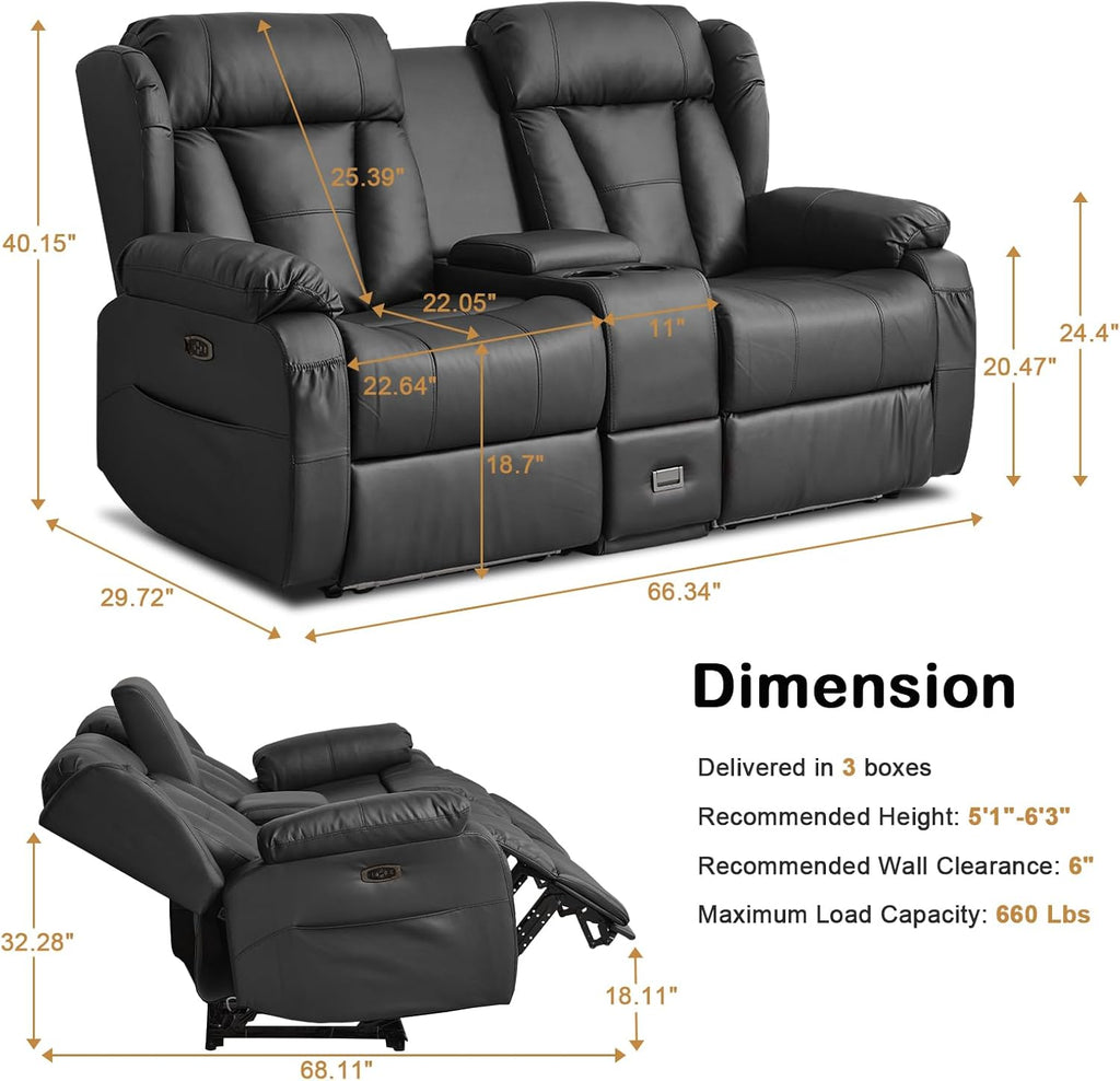 Power Reclining Loveseat Sofa, Loveseat Recliner Couch with Console, RV Recliners for Travel Trailers