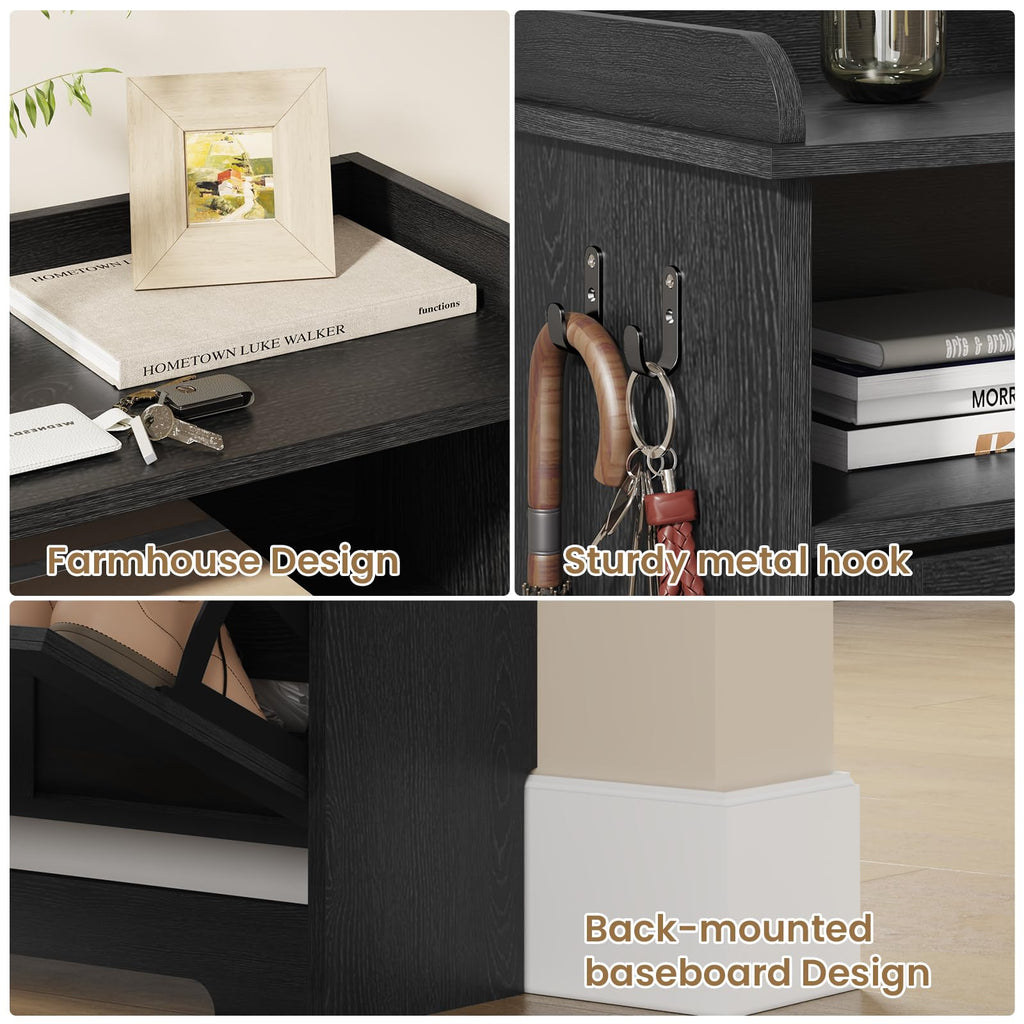 Farmhouse Narrow Shoe Cabinet with 2 Flip Drawers, 23.6" W Black