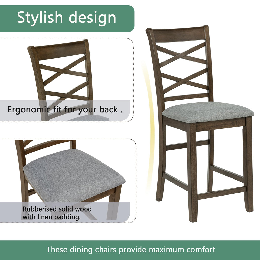 Counter Height Dining Table Set 5-Piece, 34.5" Square Wooden Table & 4 Upholstered Chairs, Modern Walnut Finish