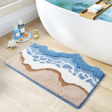 Blue Ocean Wave Bath Mat, Cute Funky Bathroom Rugs for Coastal Beach Nautical Themed Decor, Trendy Tufted Shower Mats
