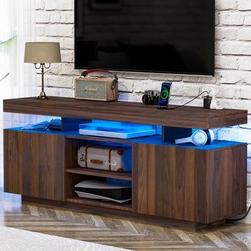 Modern LED TV Stand for 65 Inch TV, Walnut TV Console with Power Outlet, Entertainment Center with Storage for