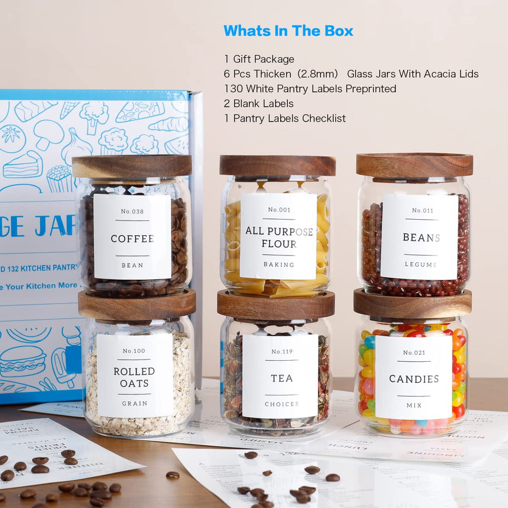 16 OZ Stackable Glass Food Storage Jars with 132 Pantry Labels Preprinted - 6 Pcs Thicken Glass Storage Containers