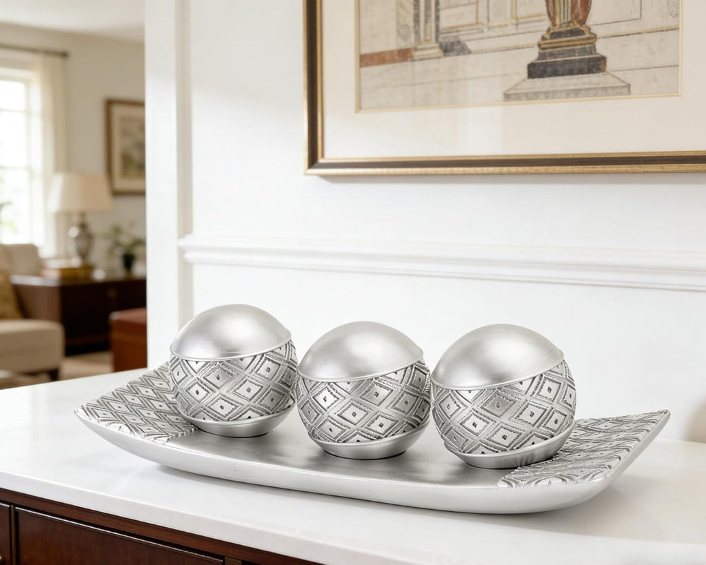 Silver Decorative Orbs with Tray Set, 3Pcs Resin Decorative Balls with Tray, Modern Accent Sphere for Coffee Table