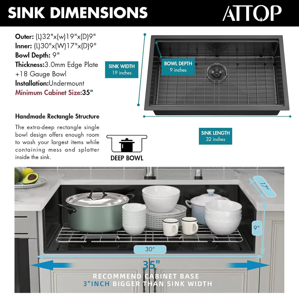 32 Inch Black Workstation Undermount Large Single Bowl Kitchen Sink | 32x19 Inch, Nano Black Stainless steel