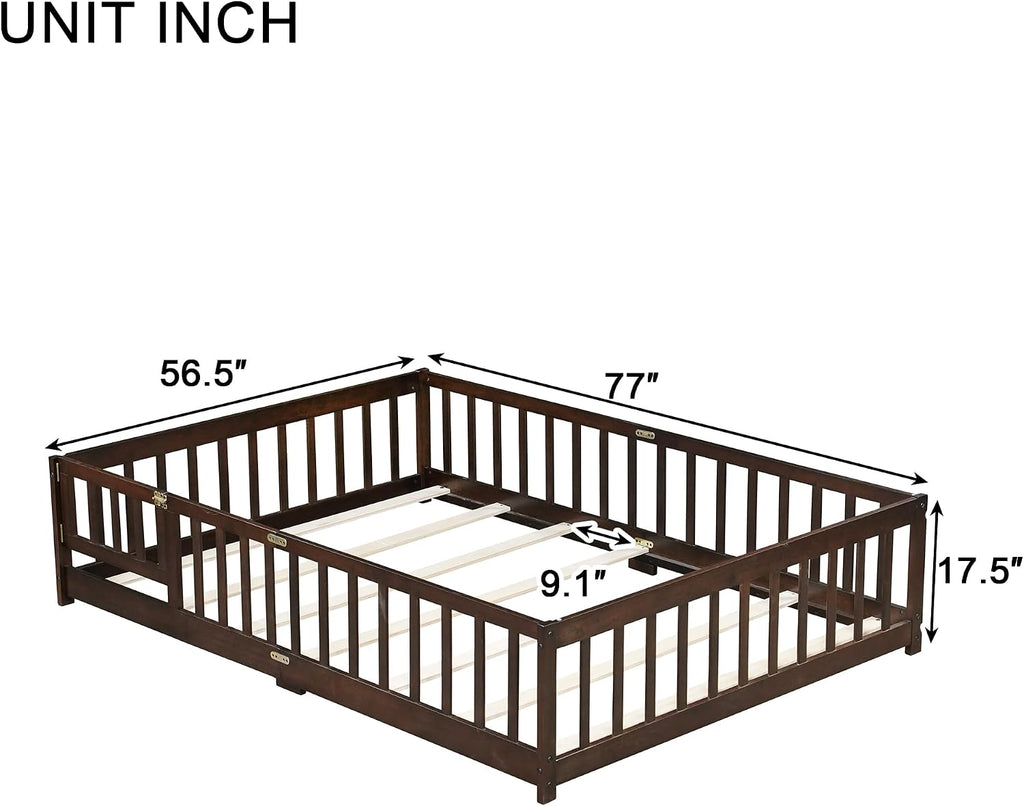 Floor Bed for Kids, Girls, Boys, Rubber Wood Floor Bed with slats and Door/Rails/Fence, Espresso