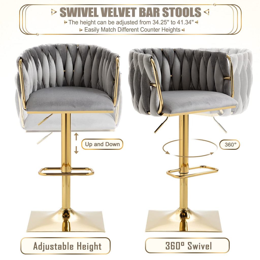 Swivel Velvet Bar Stool Set of 2, Adjustable Comfy Counter Height Barstool, Modern Dining Chair with Woven Back