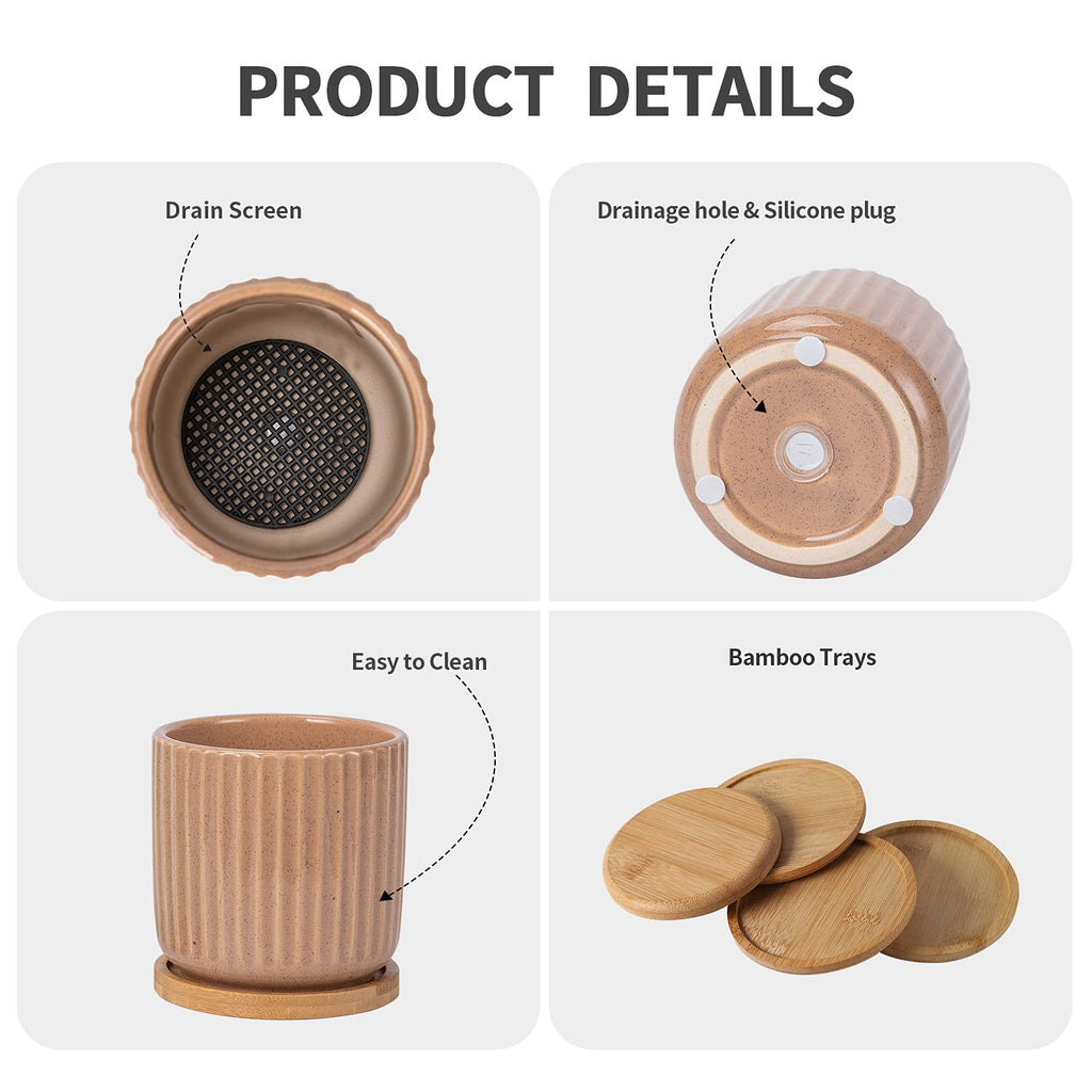 4 Inch Cylinder Ceramic Boho Plant Pots with Drainage Hole and Saucer, Glazed Vertical Pattern Multicolor Flower Pots