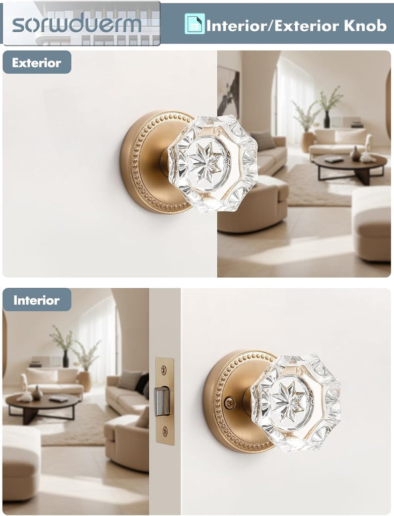Door Knob Champagne Bronze Passage Crystal Glass Interior 1 Pack