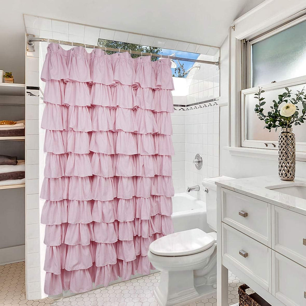 Pink Ruffle Farmhouse Rustic Fabric Cloth Shower Curtains, 72" x 72"
