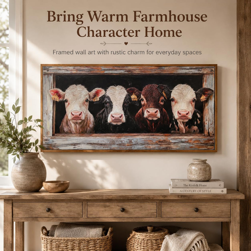 Framed Farmhouse Cow Herd Canvas Wall Art 16X32 Inch