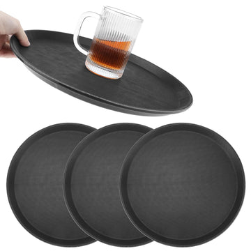 14-Inch Round Non-Slip Serving Tray Set - 4Pack Rubber Surface Drink & Meal Carrier, Café & Catering