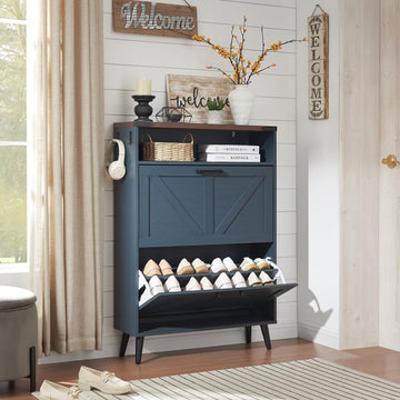 Farmhouse Shoe Storage Cabinet with 2 Flip Drawers & Open Storage
