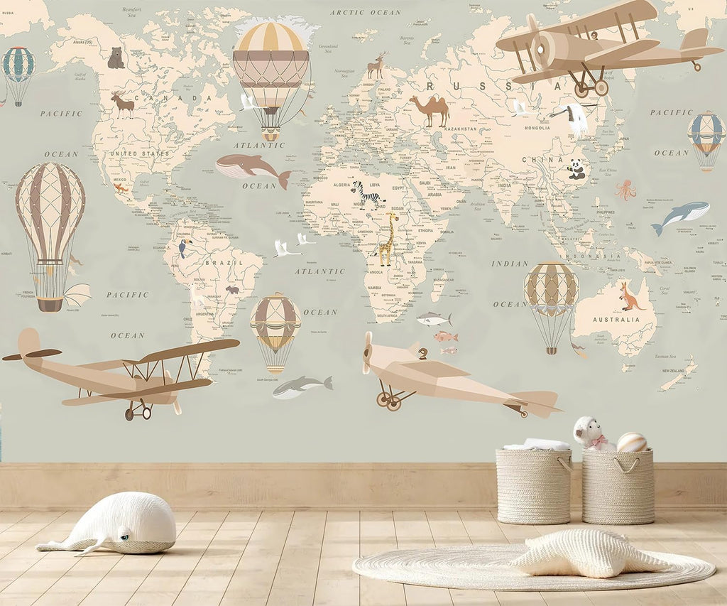 Vintage Animal Wallpaper Cartoon Aircraft Map wall murals for Kids Room 114"x74"(Not Peel and Stick)