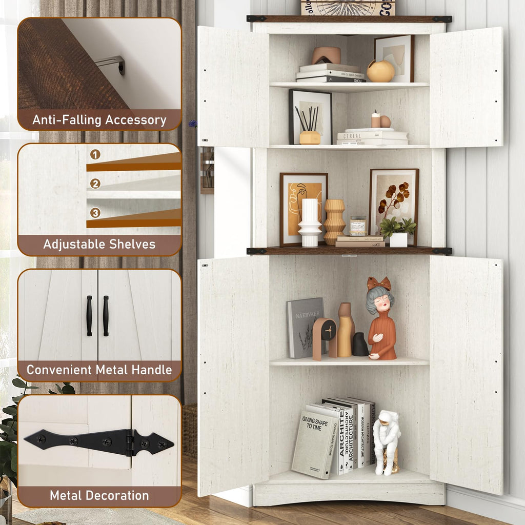 68" Tall Farmhouse Corner Cabinet, 5-Tier Large Storage Cabinet with 4 Barn Doors & Adjustable Shelves, Bathroom