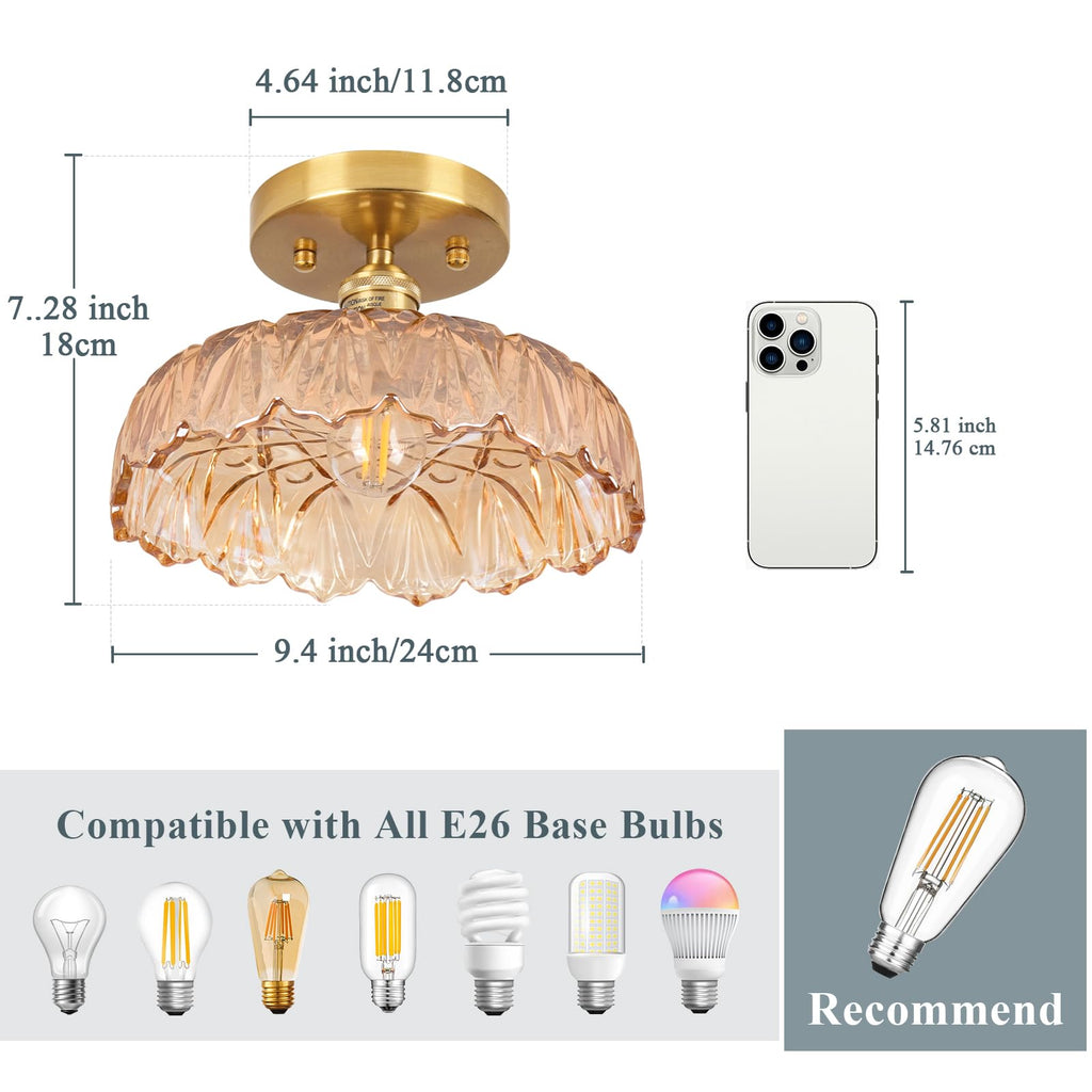 Hallway Lights Fixture Ceiling, Amber Semi Flush Mount Ceiling Lights, 9.4" Flower Light E26 Vintage Light Fixtures for