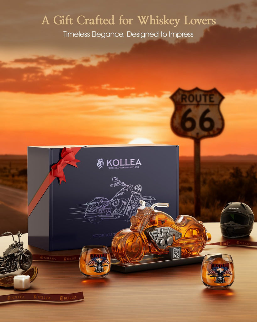 Motorcycle Whiskey Decanter Gift Set with 2 Glasses, Flag