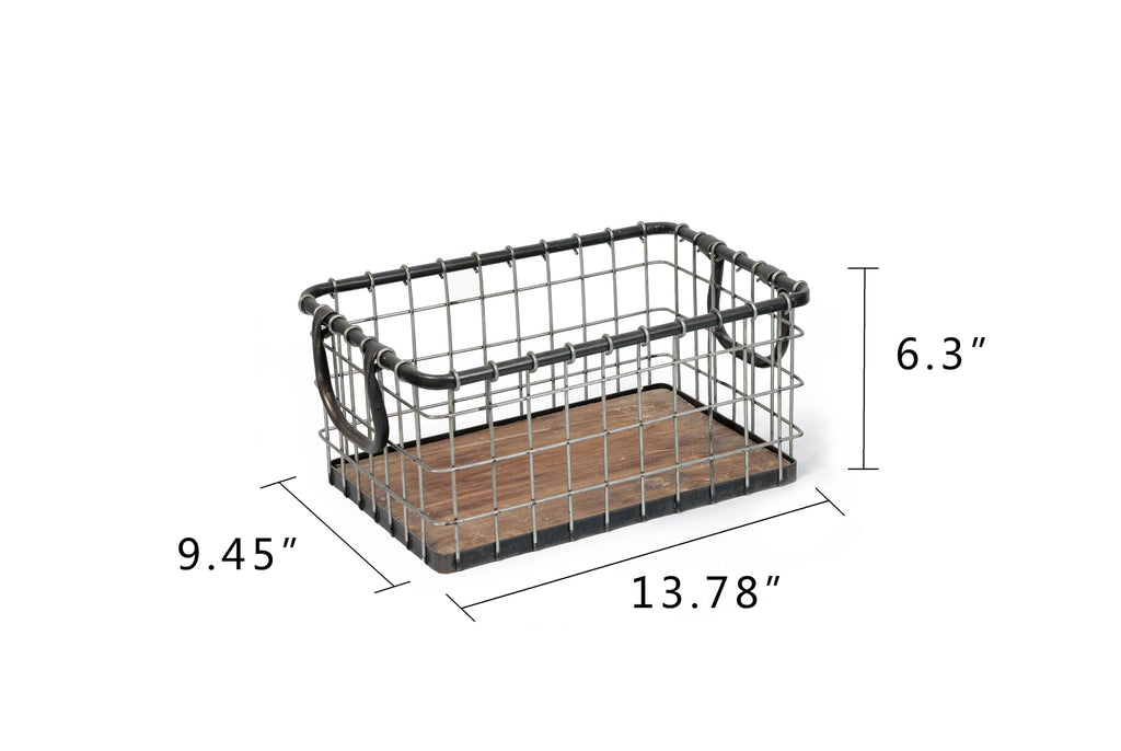 13.8" Wide Rectangular Sturdy Hand Welded Farmhouse Metal Wire Basket with Rustic Wooden Bottom For Shelves, Closet