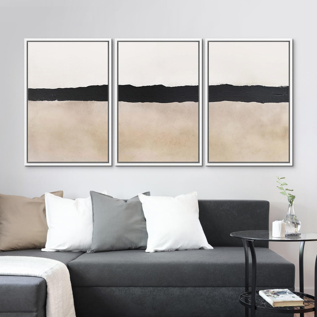 Framed Wall Art Print Set Minimalist Abstract Black Horizontal Brushstroke Illustrations Modern Art Boho Decorative