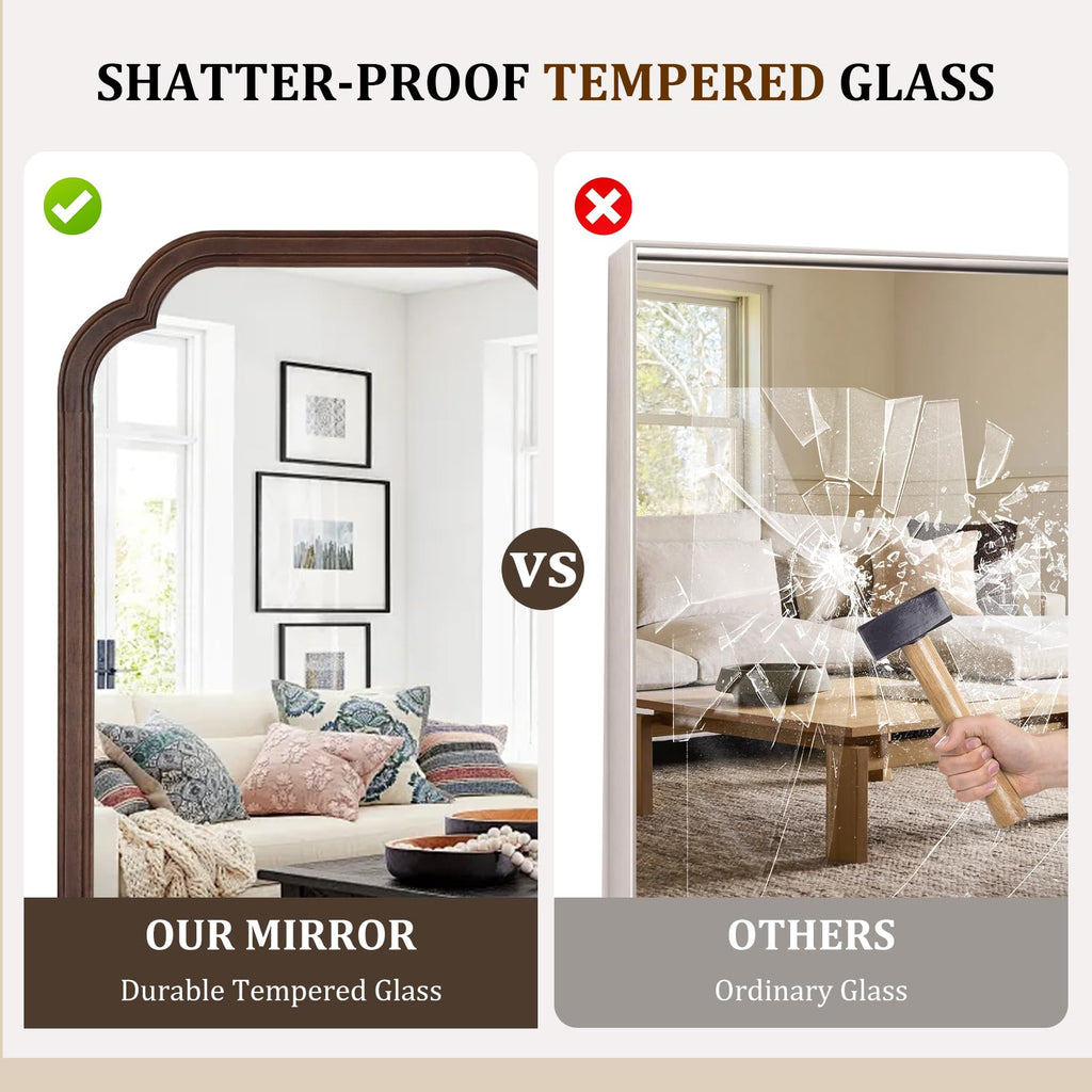 Wood Bathroom Mirror for Wall Decor Arched Rounded Corner Rustic Wood Frame Wall Mirror Home Decorative for Vanity