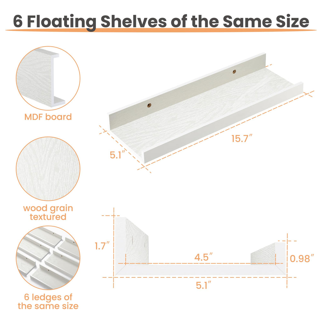 Floating Shelves for Wall Decor and Storage, White, 6Pcs 15.7''