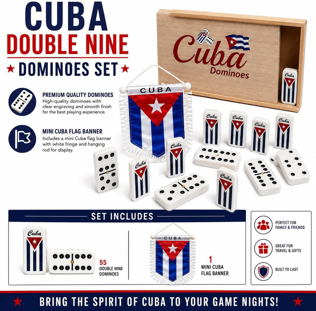 Cuban Dominoes Adult Size Double Nine Set with Wooden Box and Cuban Flag