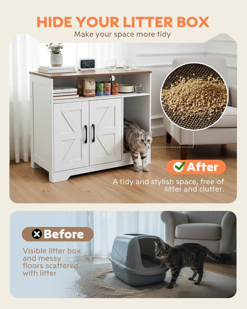 Cat Litter Box Enclosure Furniture with 2-Tier Storage, Hidden Cat Litter Box Cabinet with Scratch Pad & Charging