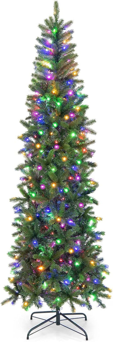 7.5ft Pre-Lit Pencil Christmas Tree, Hinged Artificial Slim Tree with 796 PVC PE Branch Tips, 350 LED Lights