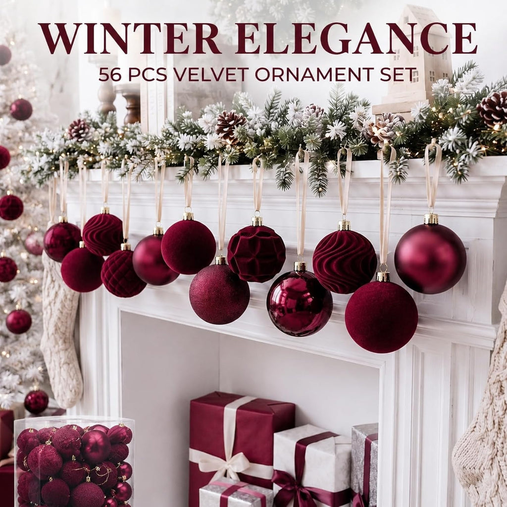 56 Pcs Burgundy Velvet Christmas Balls Ornaments Set