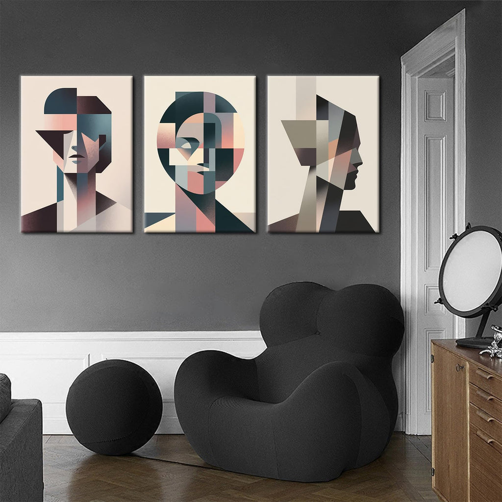 Geometric Faces Triptych Canvas Wall Art, Modern Figure Room Decor