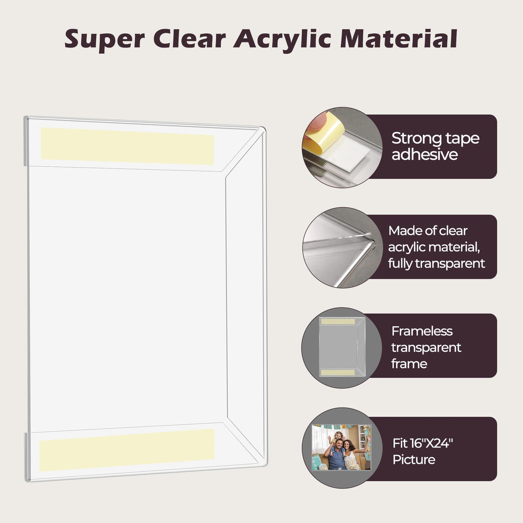 16 x 24 Acrylic Picture Frame, Horizontal/Vertical Clear Photo Frame for Wall with Tape, No Drilling Floating Hanging