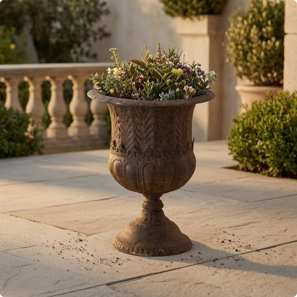 Outdoor Trophy Planter Urn Planter Vase Pedestal Pot Iron Construction with Embossed Banding and Distressed Finish