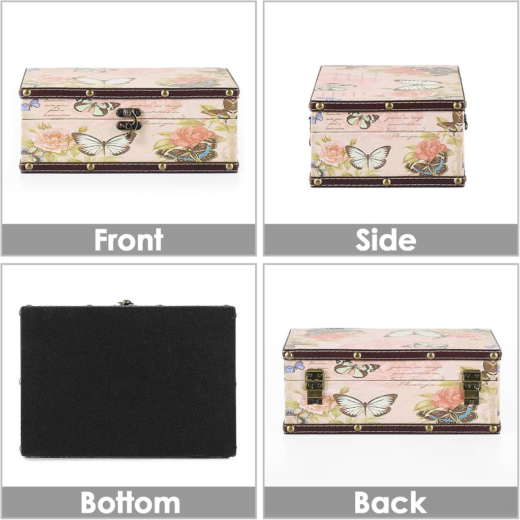 Butterfly Treasure Chest Box, Wooden + PU Leather Storage Decorative Box for Jewelry Trinkets Photos, Rectangular