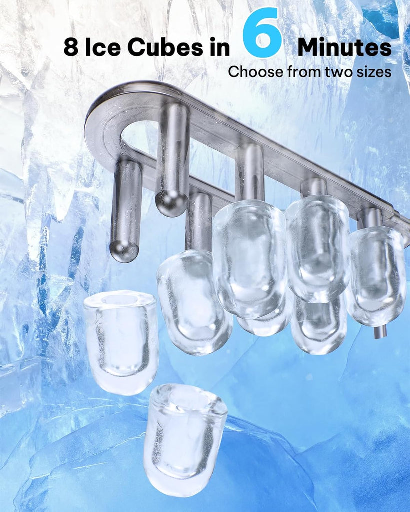 Ice Maker Countertop, 8 Ice Cubes in 6 Mins, 26.5 lbs/24H, 2 Bullet Ice Sizes, Self-Cleaning Bullet Ice Maker