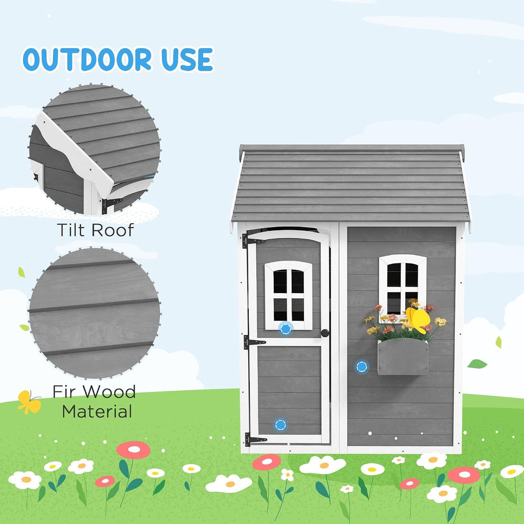48x48x70in Kids' Outdoor Wooden Playhouse Includes Two Doors Two Windows Safety Floor and PlanterBox for Ages 3 to 8