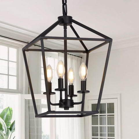 4 Light Chandelier, Industrial Ceiling Light Black Lantern Light Fixtures with Farmhouse Metal Cage Adjustable Height Rustic Geometric Hanging Light E12 Base for Kitchen Island, Entryway, Indoor A128-B092928YVL