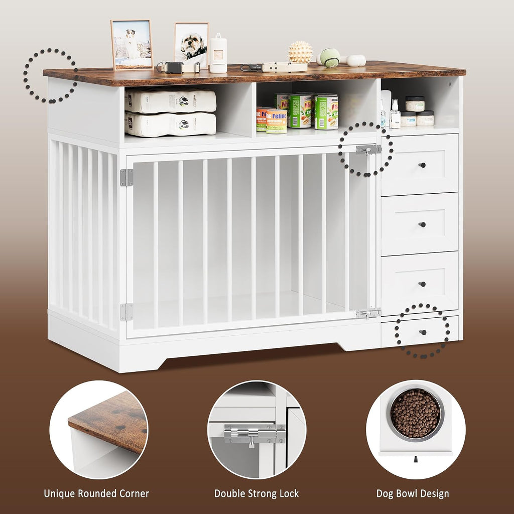 Dog Crate Furniture for Medium Small Dogs with Storage, White
