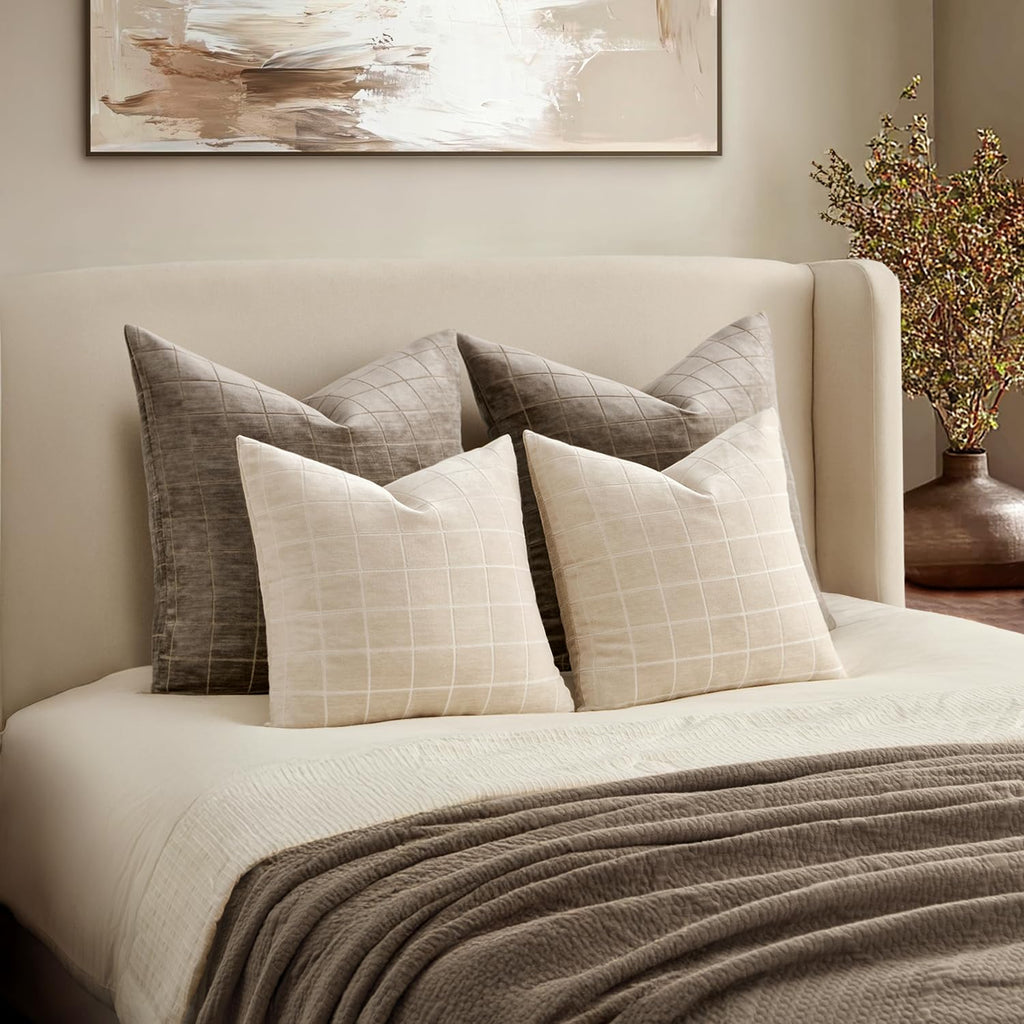 Beige Plaid Decorative Throw Pillow Covers 18x18 Set of 2