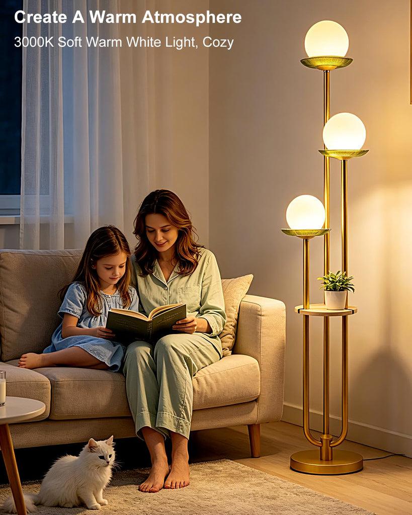 Floor Lamp Dimmable with Green Glass Tray Gold Floor Lamp